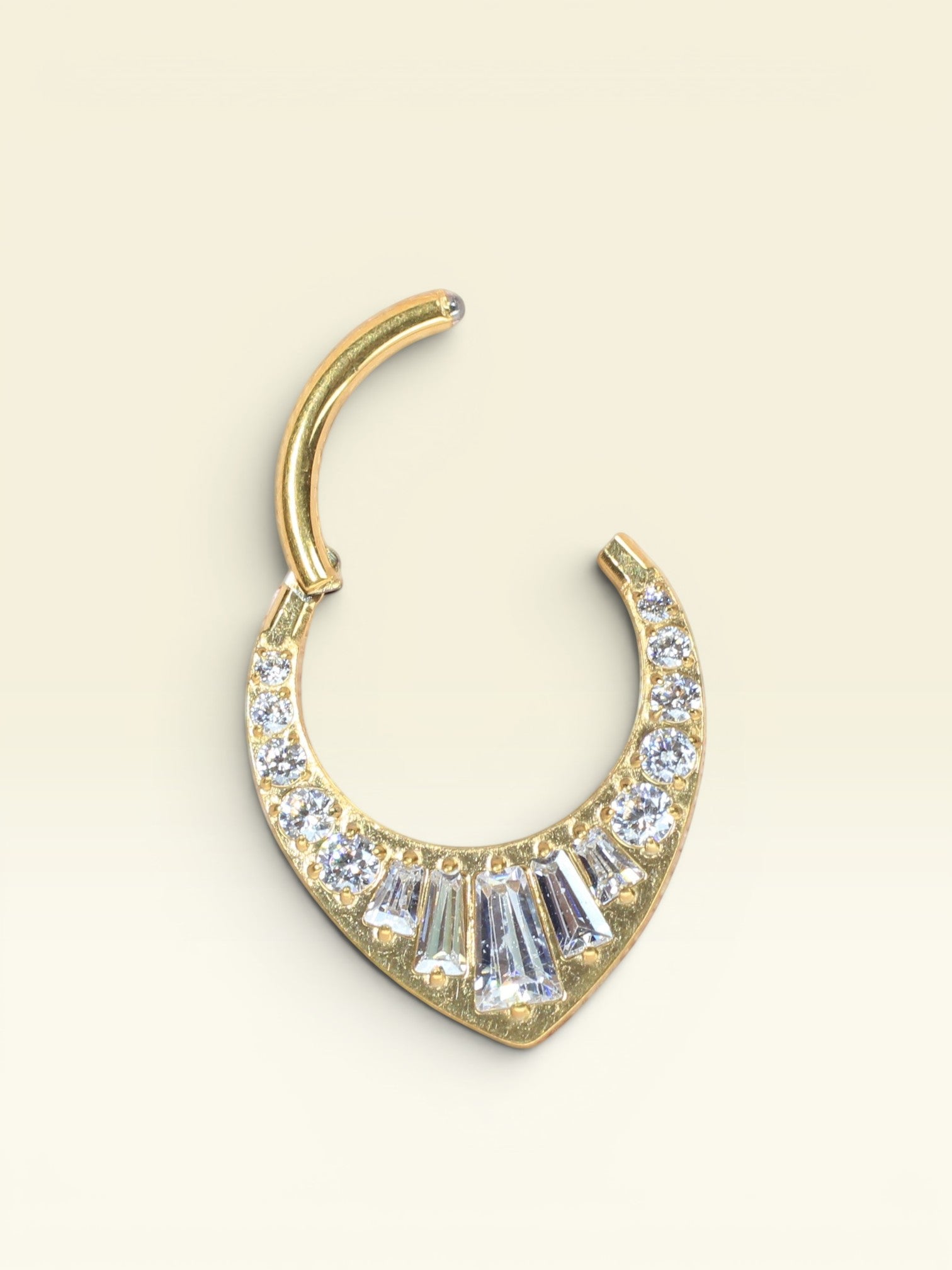 MKBodyJewelry 16g gold titanium septum clicker hoop with V-shaped clear CZ gems for nose piercing.