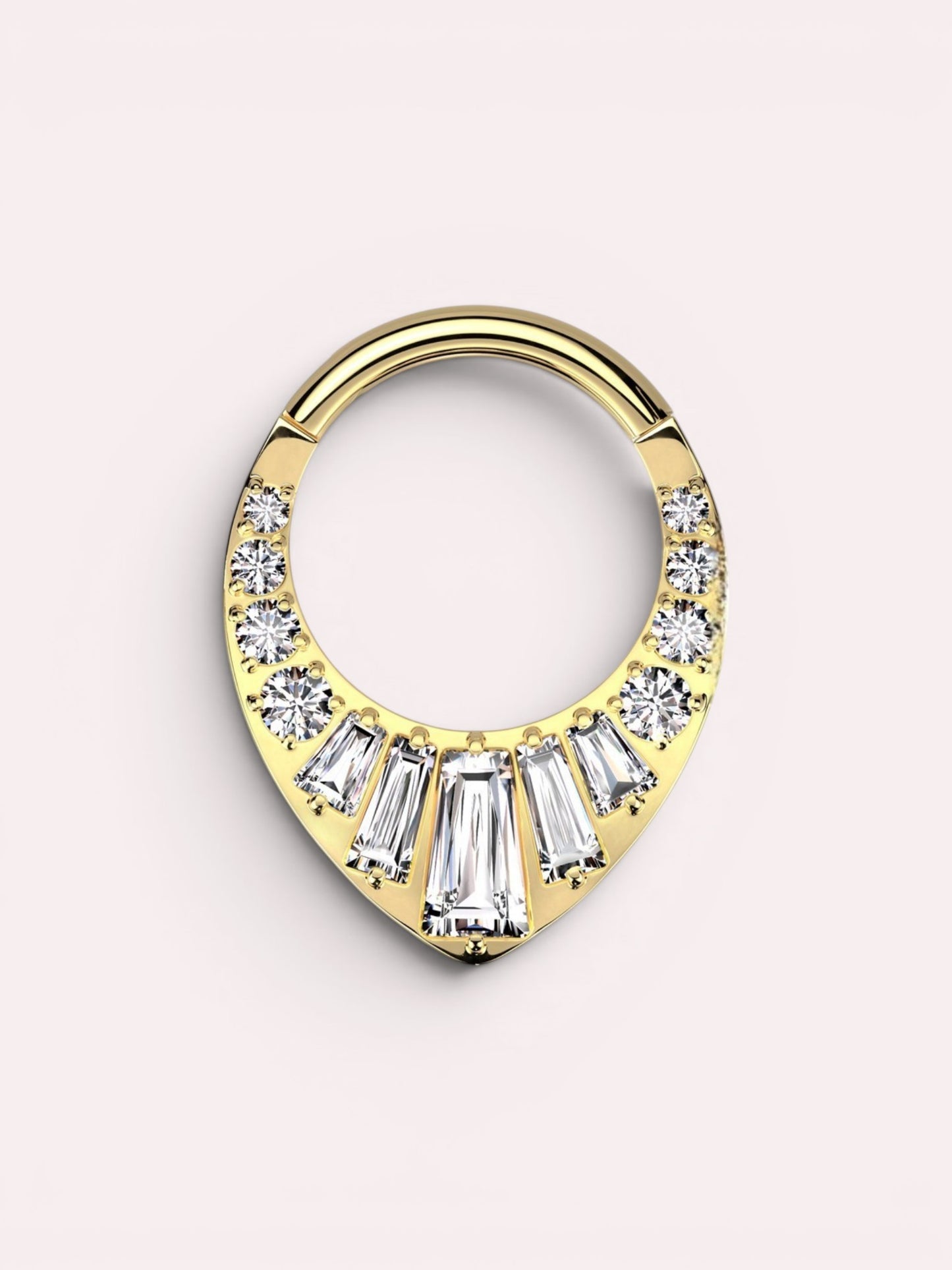 MKBodyJewelry 16g gold titanium septum clicker hoop with V-shaped clear CZ gems. Body jewelry.