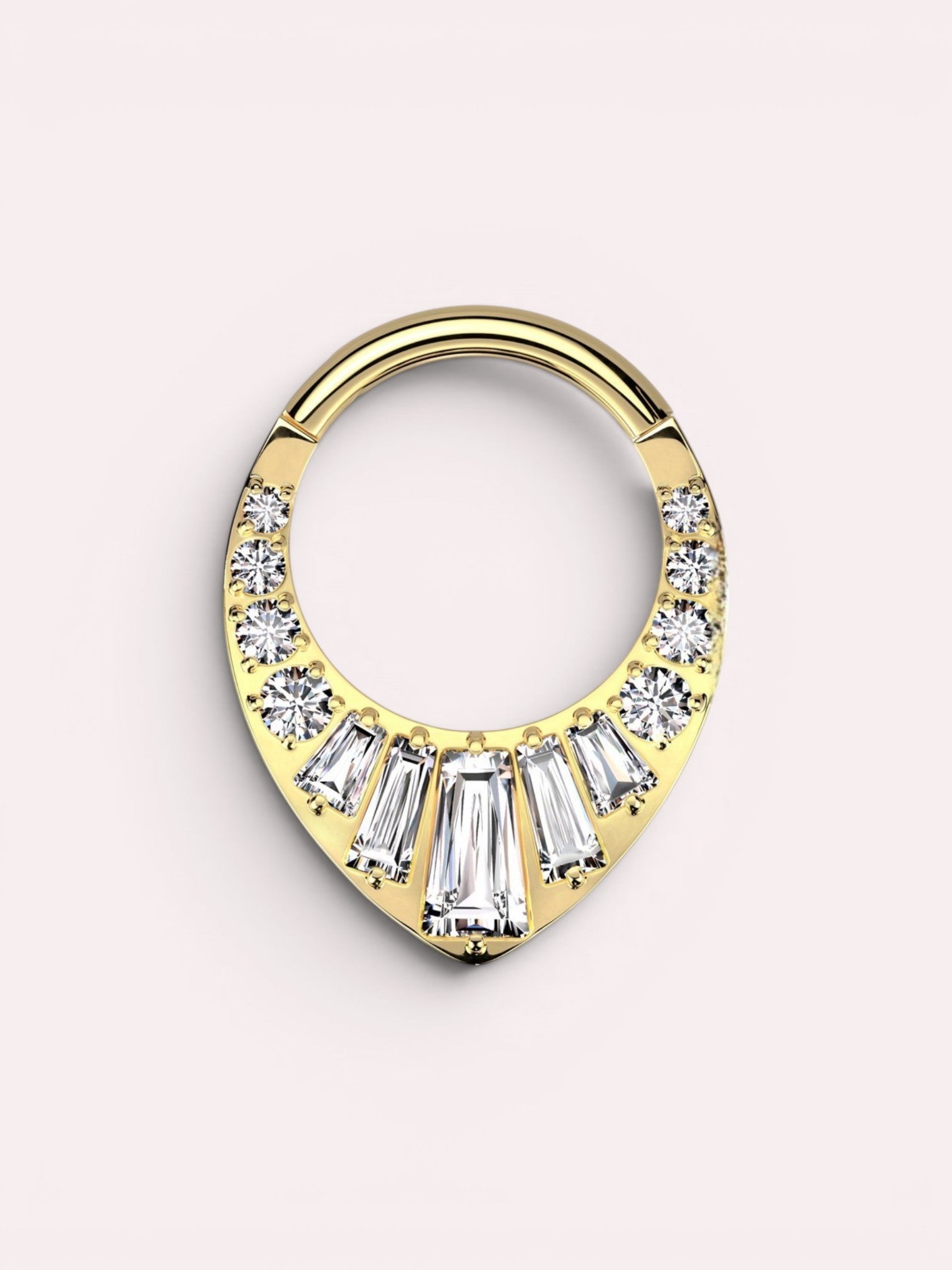 MKBodyJewelry 16g gold titanium septum clicker hoop with V-shaped clear CZ gems. Body jewelry.