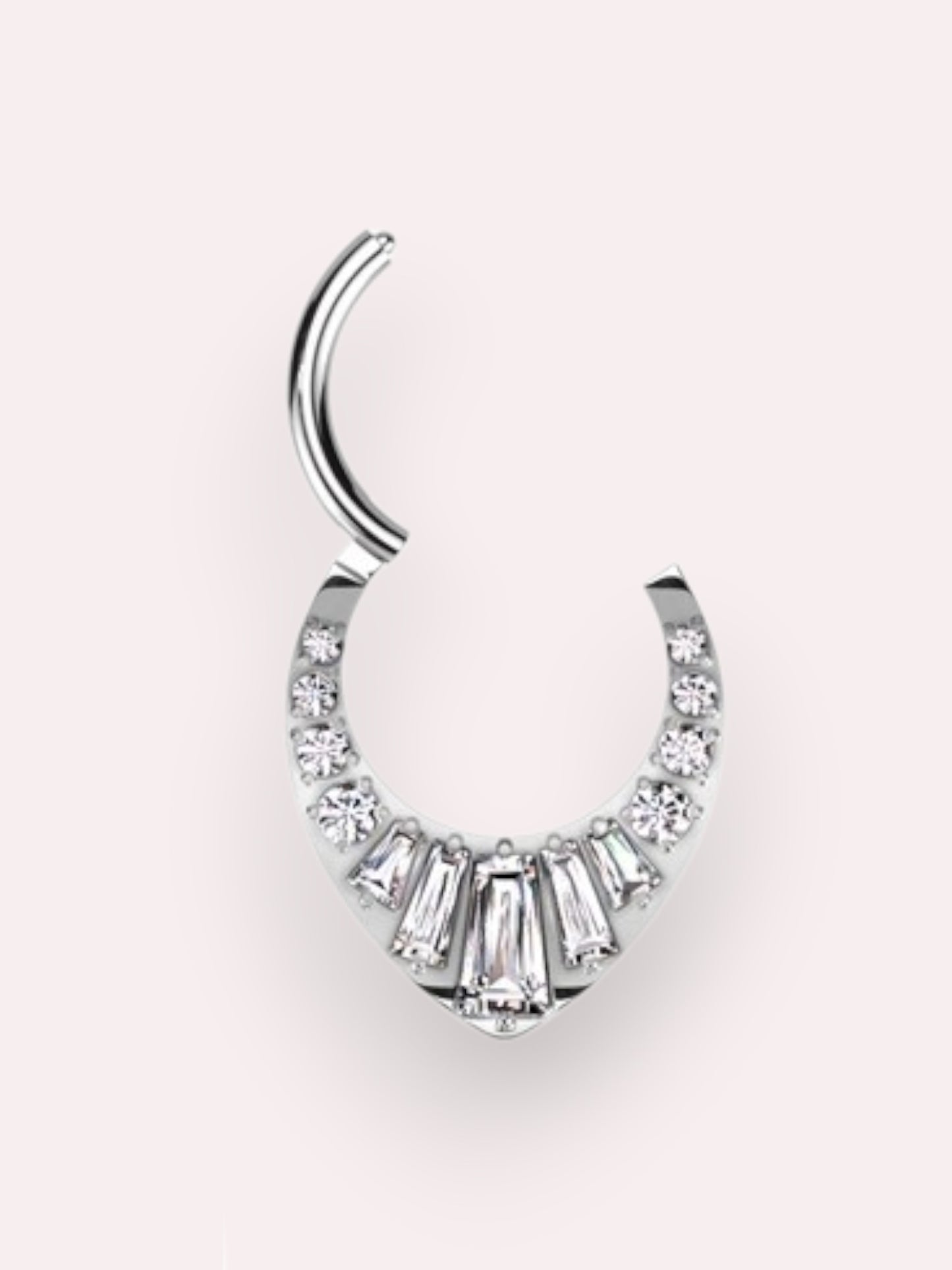 MKBodyJewelry 16g gold titanium septum clicker hoop with V-shaped CZ gems for nose piercing.