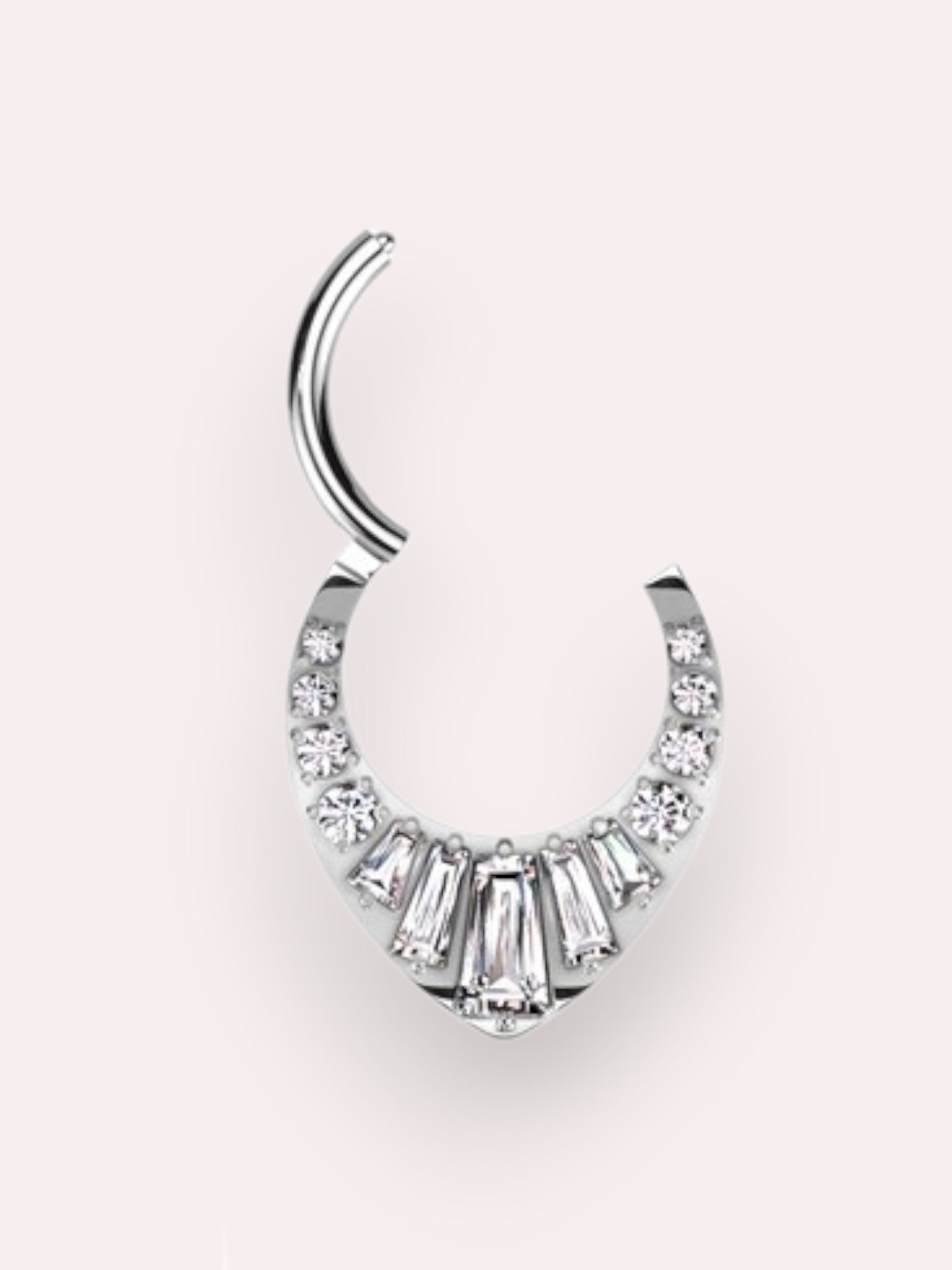 MKBodyJewelry 16g gold titanium septum clicker hoop with V-shaped CZ gems for nose piercing.