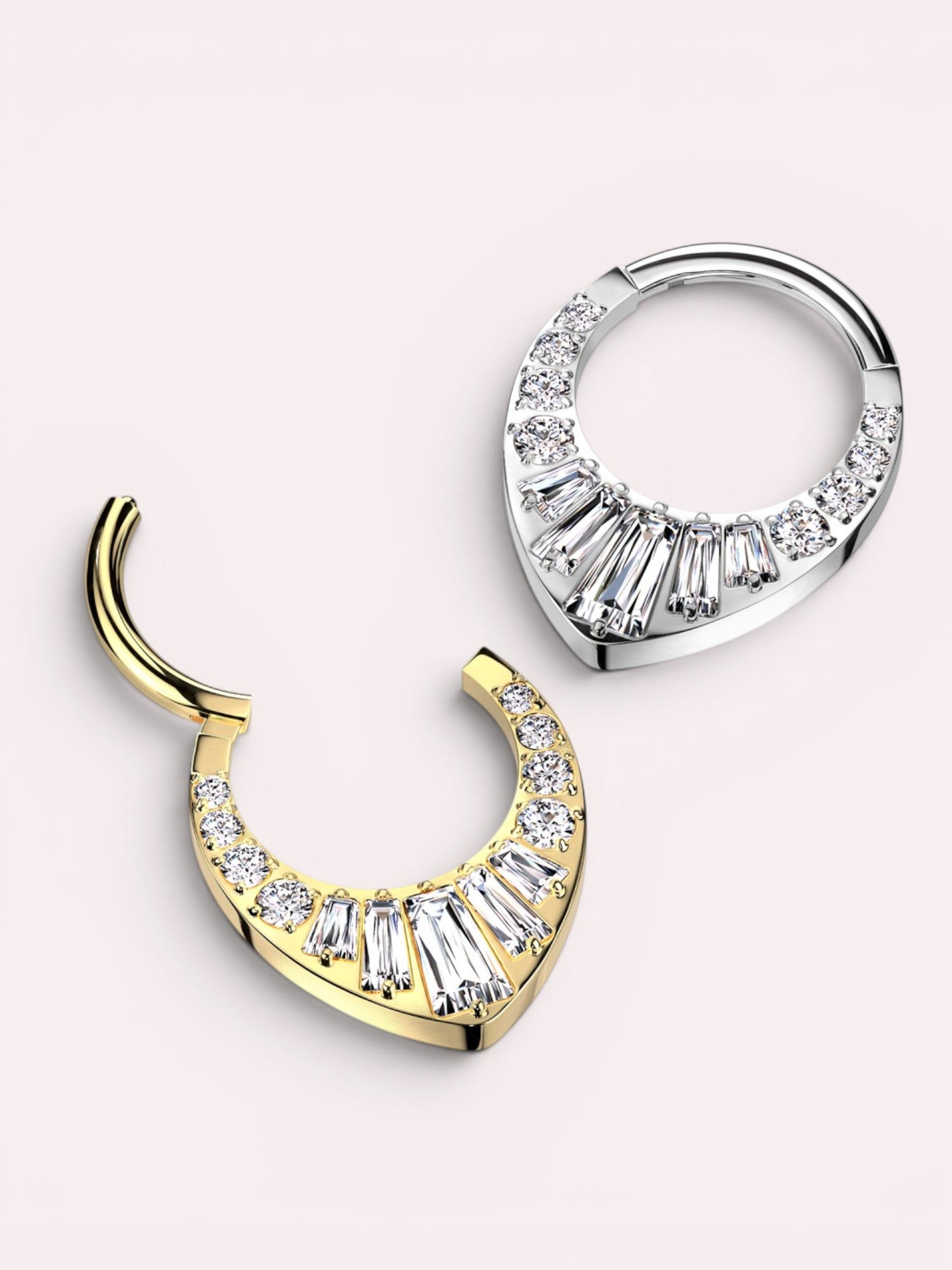 MKBodyJewelry 16g gold titanium septum clicker hoop with V-shaped clear CZ gems. Suitable for sensitive skin.