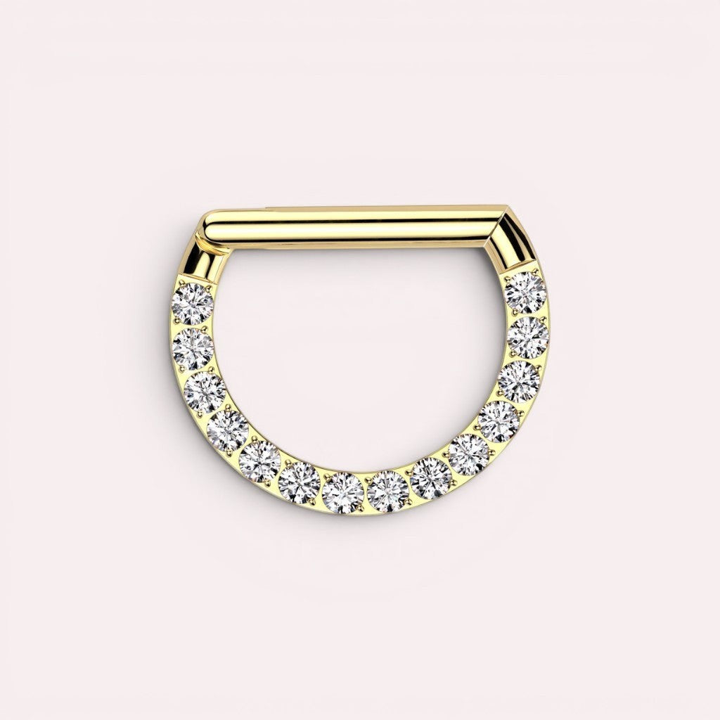 MKBodyJewelry 16G gold titanium septum clicker ring featuring a dainty line of sparkling clear gems for body piercings.