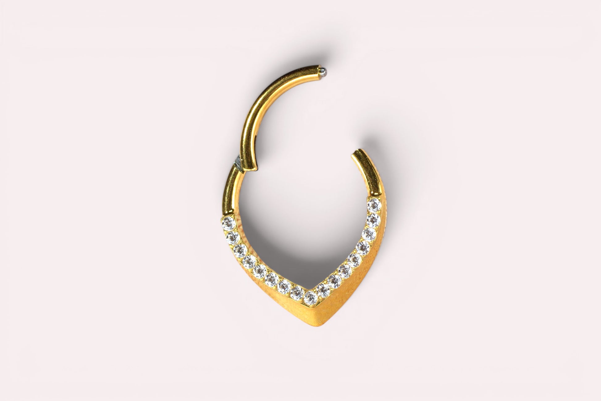 MKBodyJewelry gold titanium septum clicker hoop with CZ teardrop design, 16g, 8mm or 10mm.