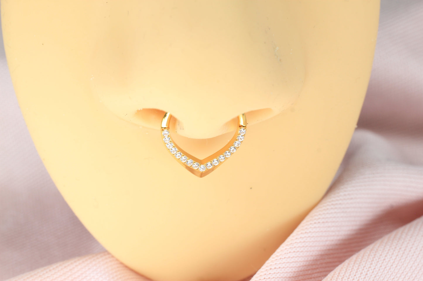 MKBodyJewelry gold titanium septum ring with CZ teardrop design, 16g, 8mm/10mm hinged clicker hoop.