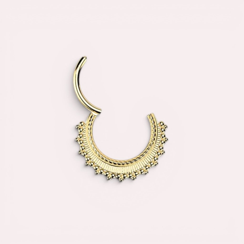 MKBodyJewelry gold beaded tribal septum clicker ring, 16g surgical steel, hinged closure.
