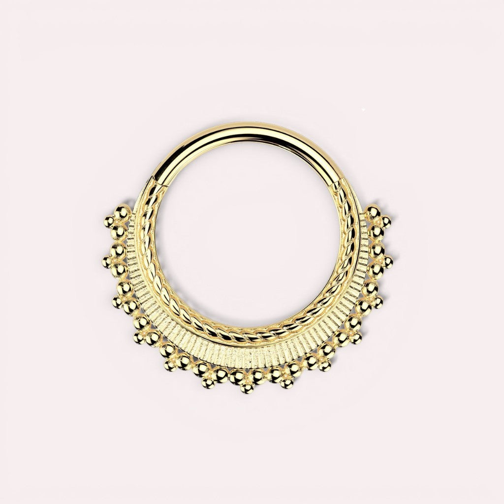 MKBodyJewelry gold beaded tribal septum clicker ring, 16g surgical steel, hinged closure.