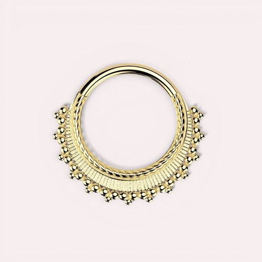 MKBodyJewelry gold beaded tribal septum clicker ring, 16g surgical steel, hinged closure.