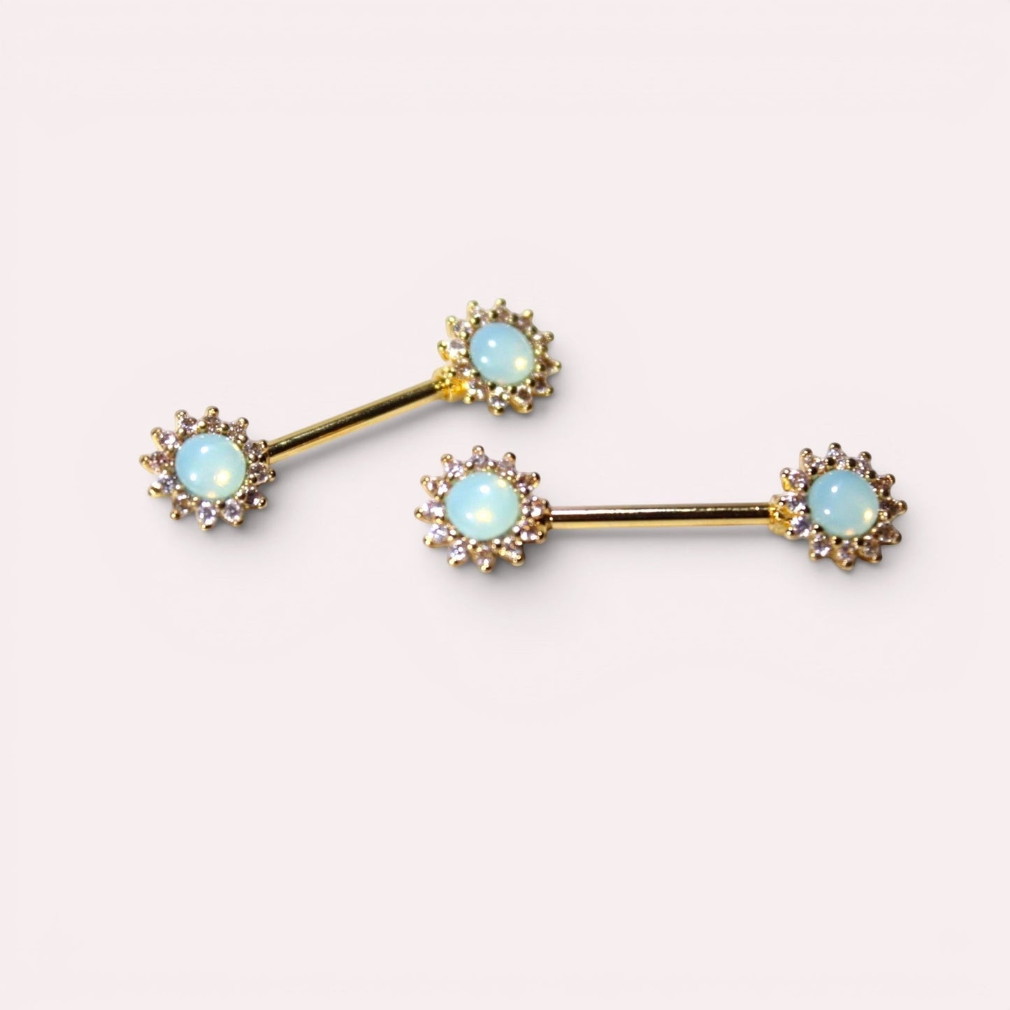 MKBodyJewelry dainty green opal sun nipple barbells, 14G gold surgical steel, set of 2