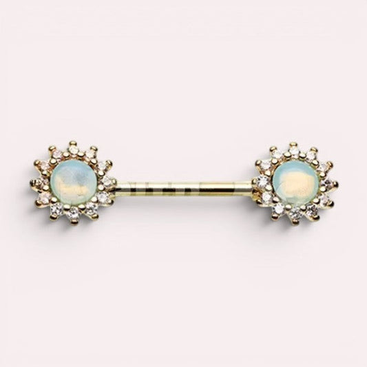 MKBodyJewelry dainty green opal sun nipple barbell set of 2, 14G surgical steel with clear CZ accents.