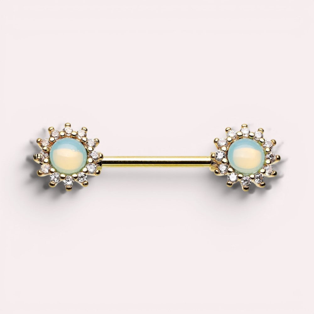 MKBodyJewelry 14g surgical steel nipple barbell pair featuring green opal sunburst gems with clear accent stones.