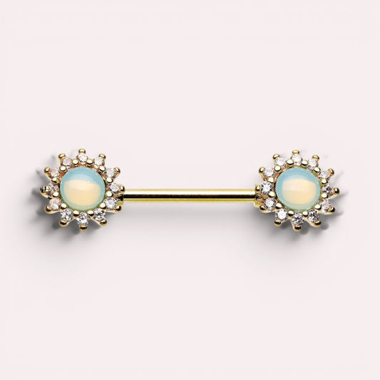 MKBodyJewelry 14g surgical steel nipple barbell pair featuring green opal sunburst gems with clear accent stones.