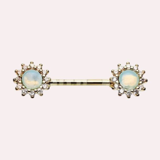 MKBodyJewelry dainty 14g gold sun nipple barbell with green opal gem and clear CZ accents. Sold as a pair.