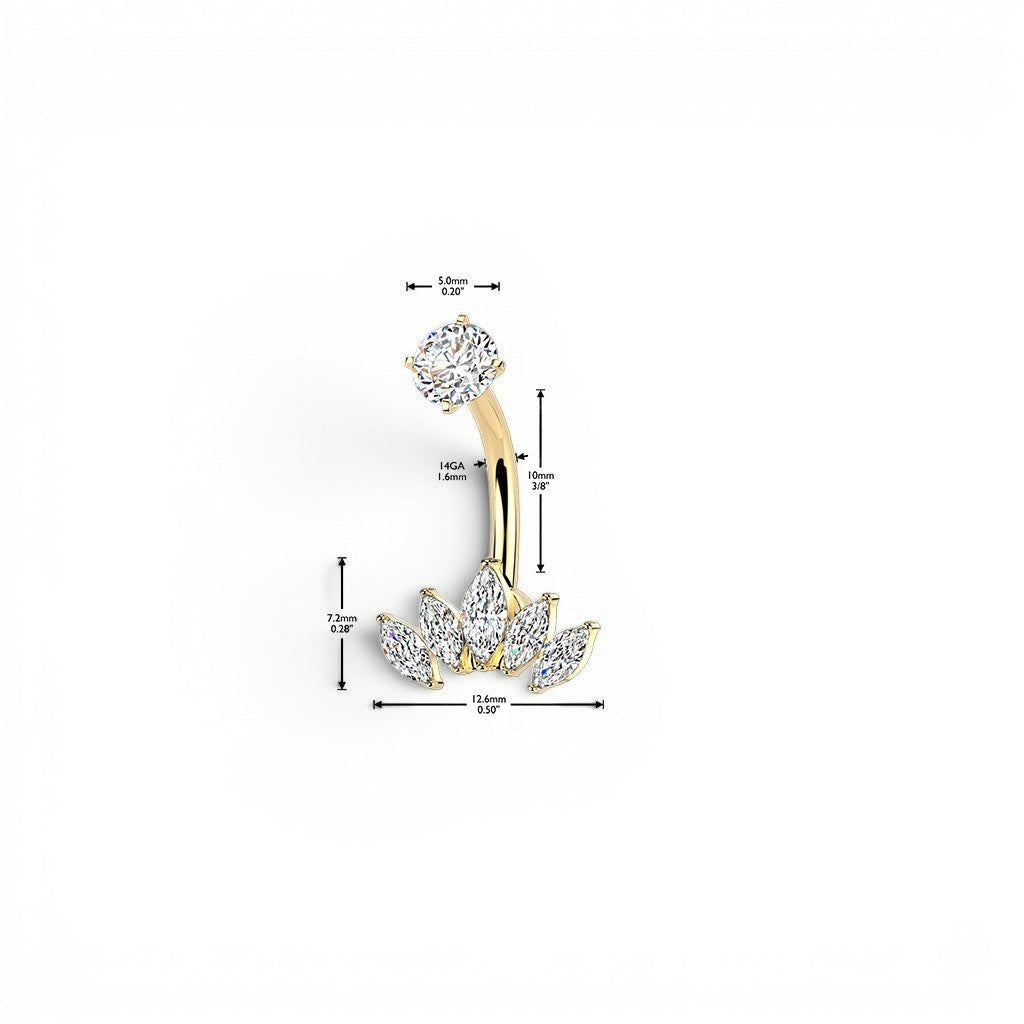 MKBodyJewelry gold-tone belly button ring with cubic zirconia gems in a marquise fan design. Surgical steel.