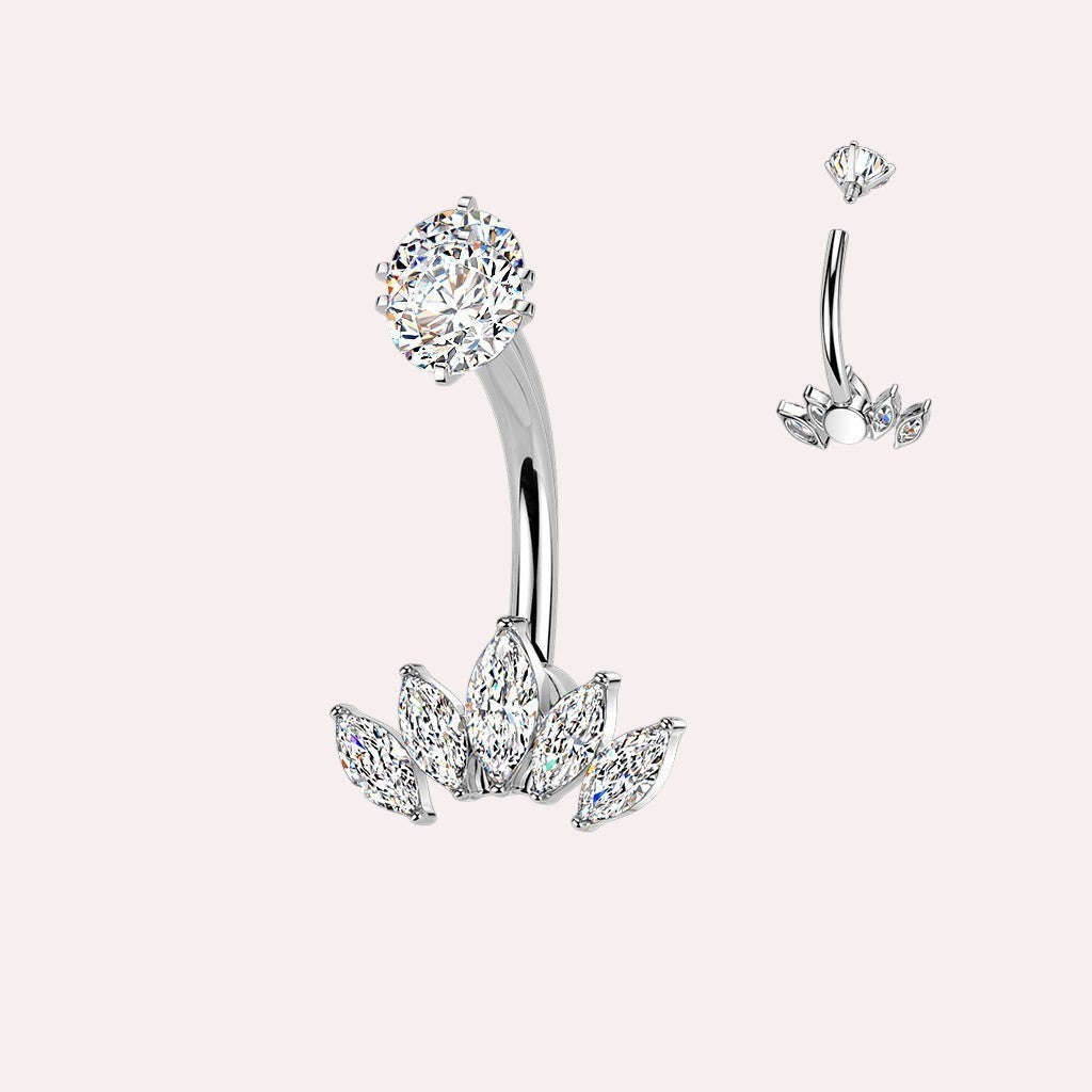 MKBodyJewelry silver-tone belly button ring with cubic zirconia gems in a floral marquise design.