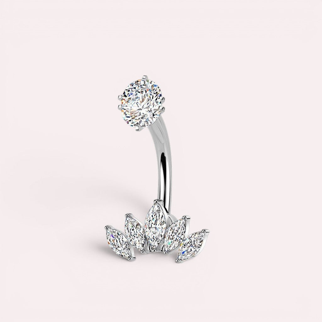 MKBodyJewelry silver-tone belly button ring with cubic zirconia gems in a floral marquise design. Hypoallergenic surgical steel.