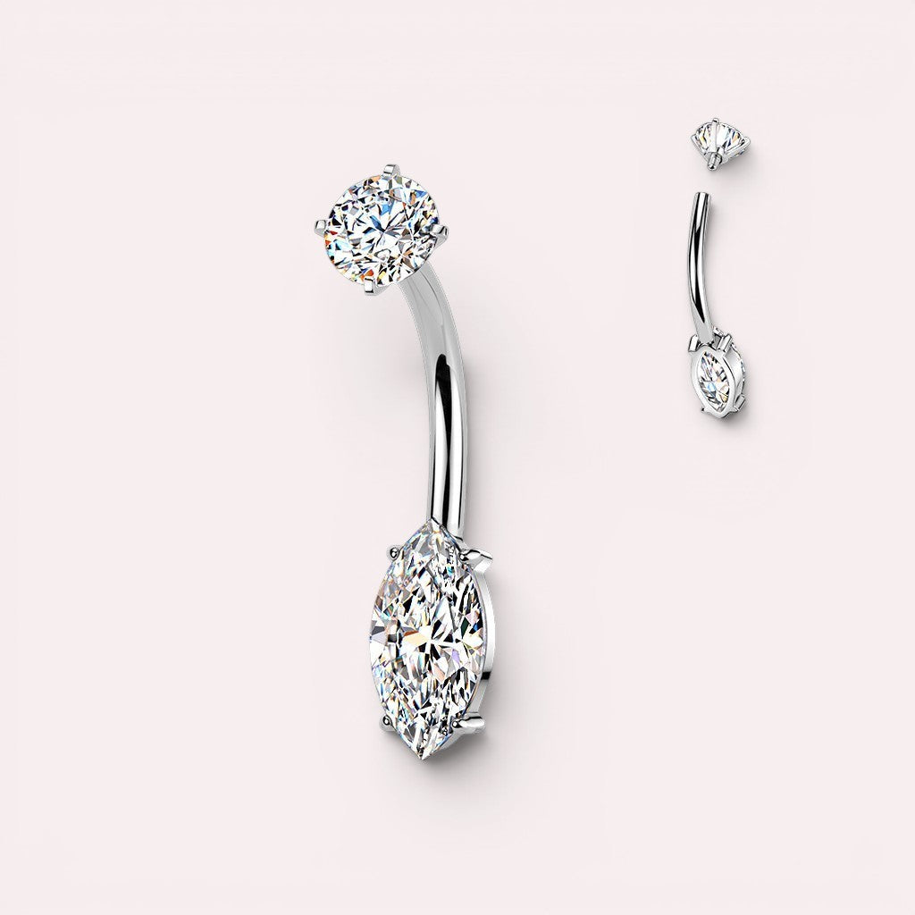 MKBodyJewelry silver belly button ring with marquise and round cubic zirconia gems. Curved barbell.
