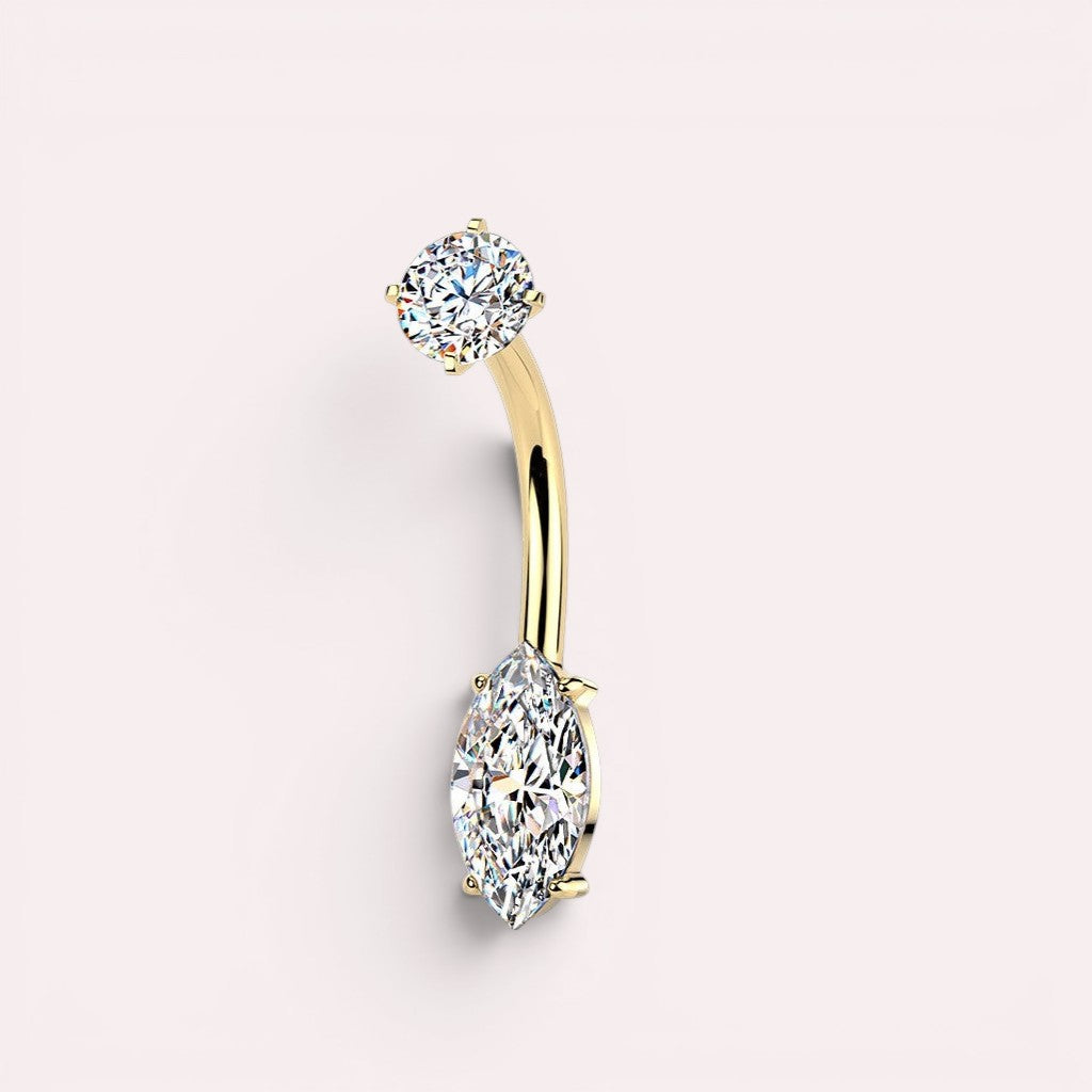 MKBodyJewelry gold-plated belly button ring with marquise and round cubic zirconia gems.