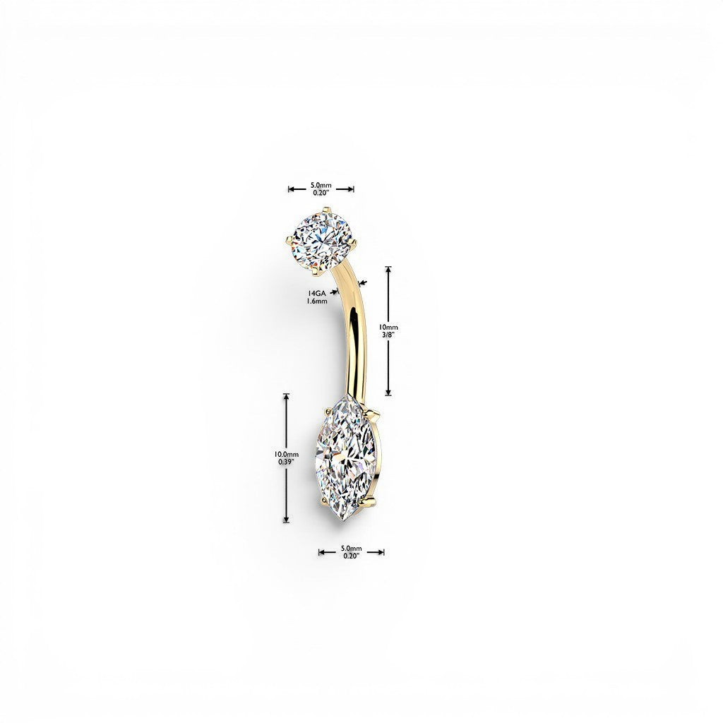 MKBodyJewelry gold plated belly button ring with marquise and round cubic zirconia gems. 14GA.
