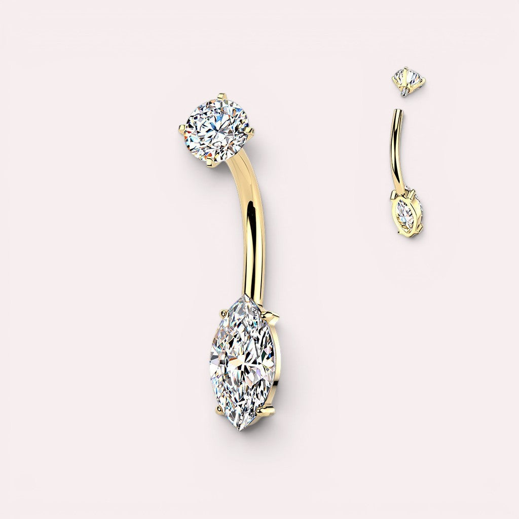 MKBodyJewelry gold-plated belly button ring with marquise and round cubic zirconia gems.