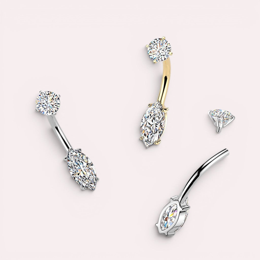 MKBodyJewelry belly button ring with marquise and round cubic zirconia gems in gold and silver.
