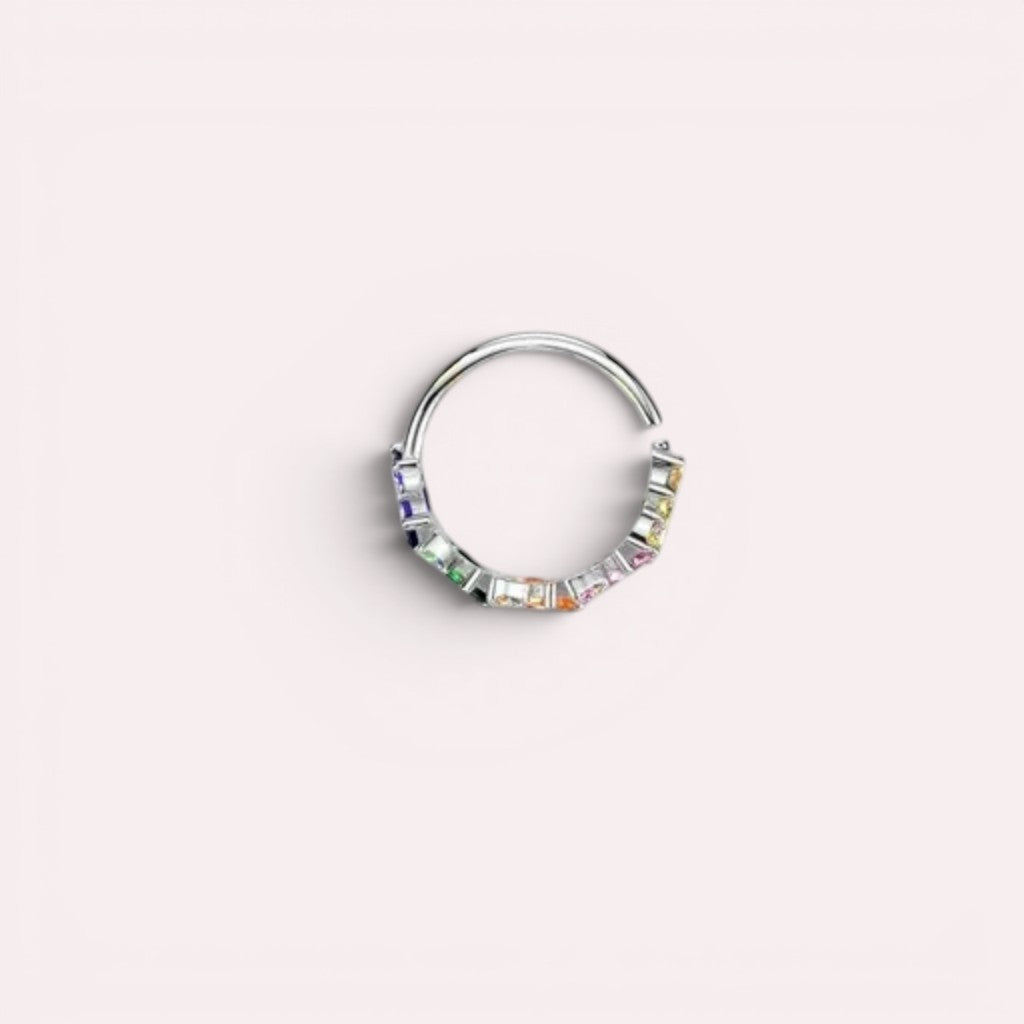 MKBodyJewelry 20g gold nose hoop with rainbow baguette cubic zirconia stones in surgical steel.