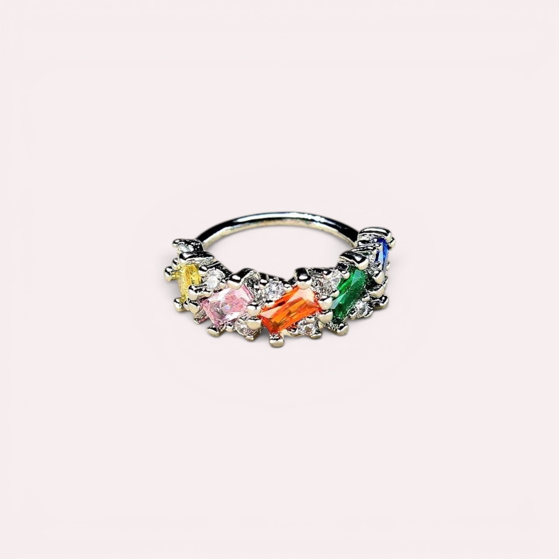 MKBodyJewelry 20g silver surgical steel nose hoop with multicolor baguette cubic zirconia stones