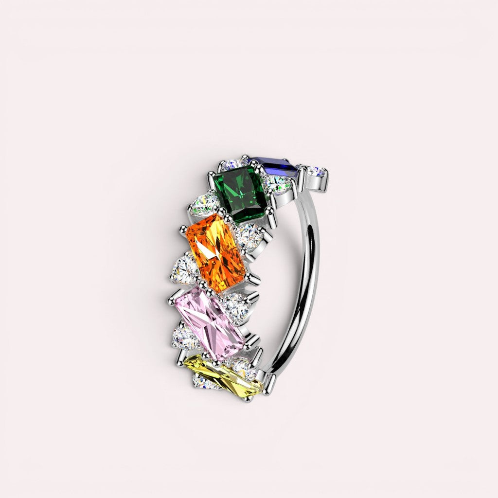 MKBodyJewelry 20g silver surgical steel nose hoop with multicolor baguette cubic zirconia stones.