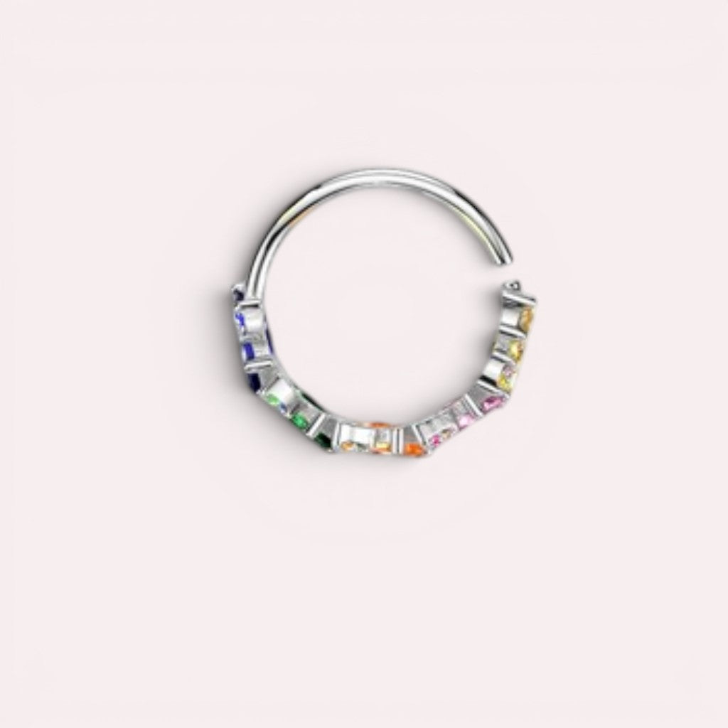MKBodyJewelry 20g silver surgical steel nose hoop with multicolor baguette cubic zirconia stones