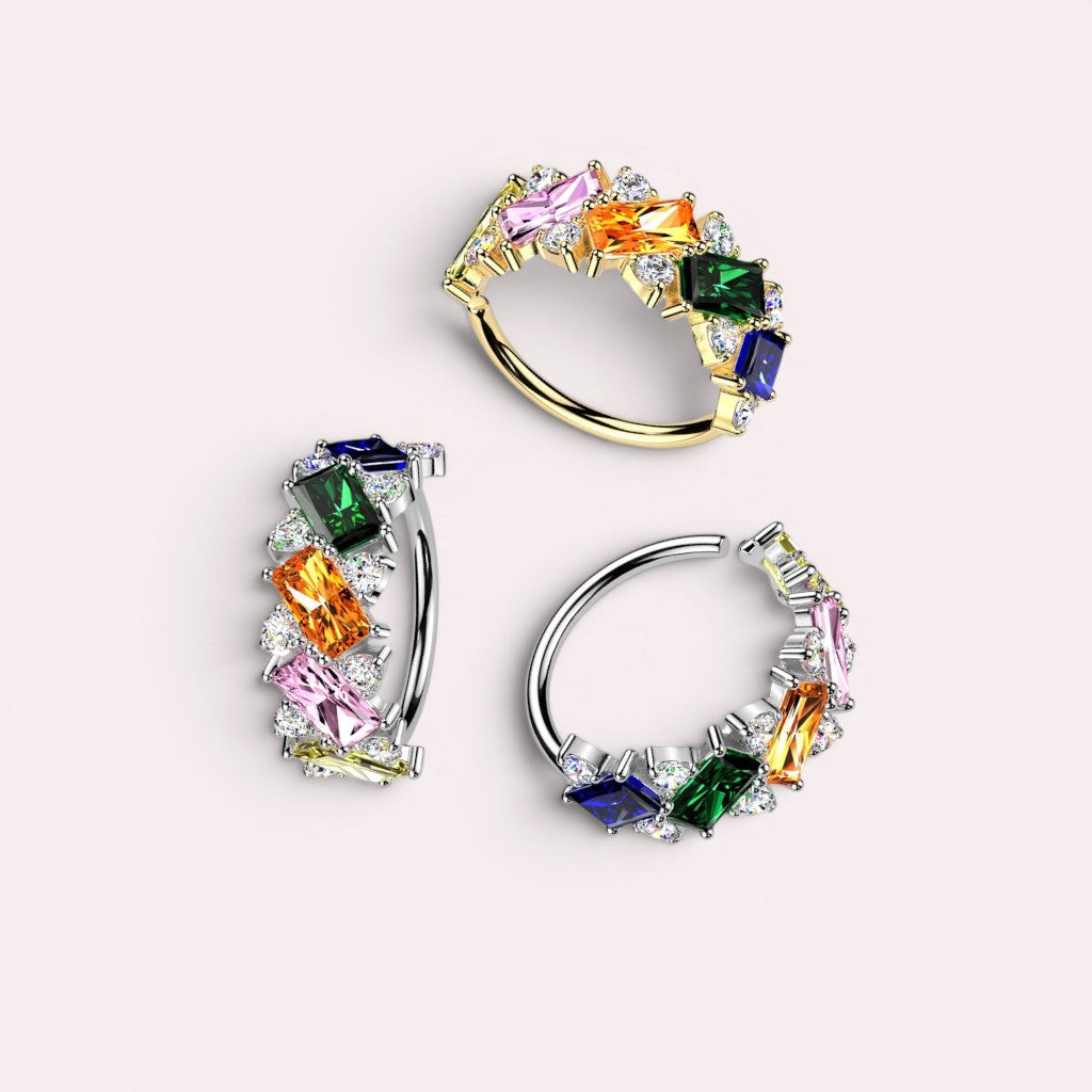 MKBodyJewelry multicolor baguette cubic zirconia nose hoop rings in gold and silver surgical steel.