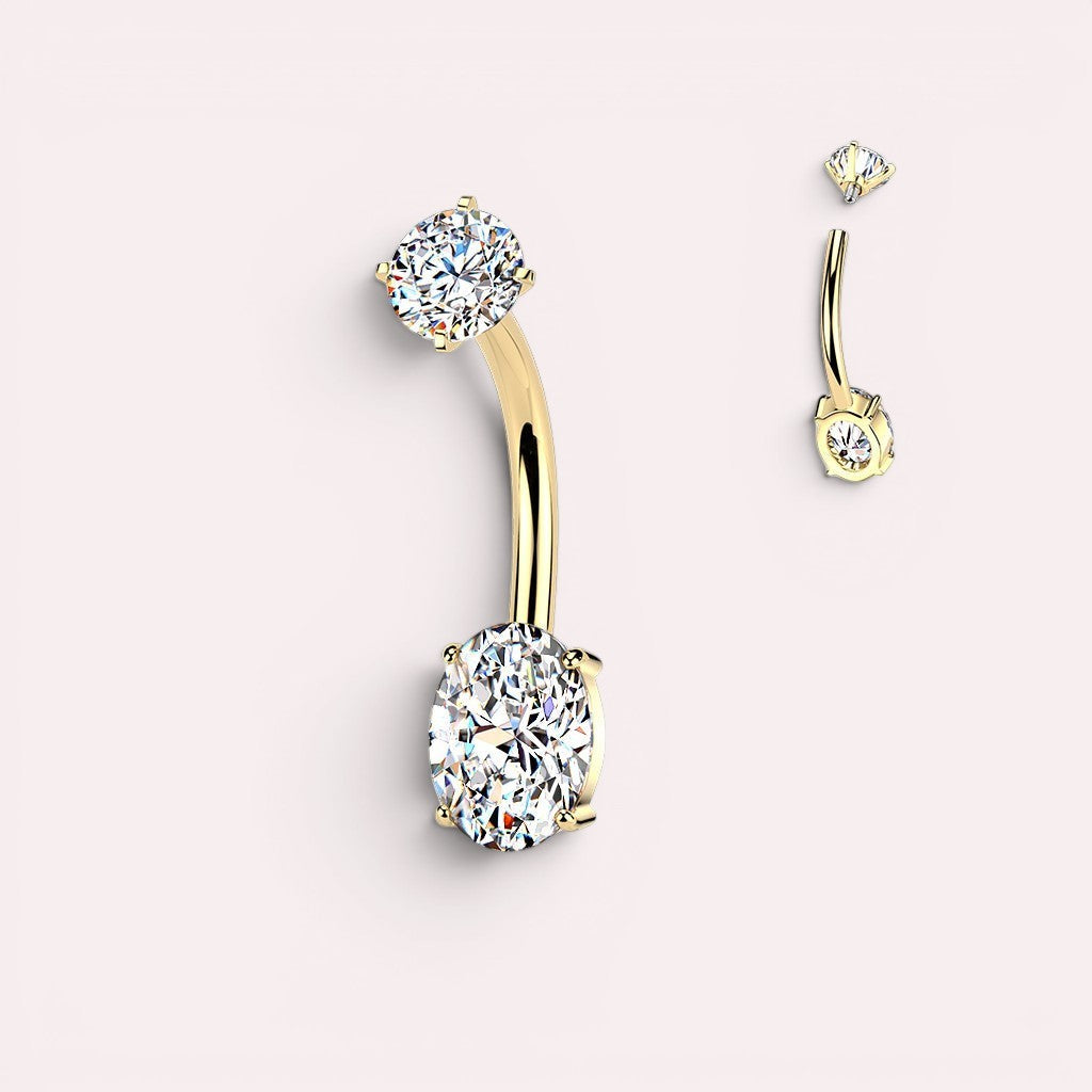 MKBodyJewelry gold-tone surgical stainless steel belly button ring with oval and round cubic zirconia gems.