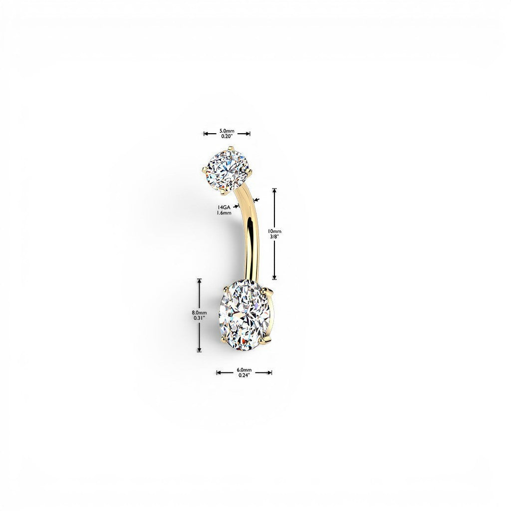 MKBodyJewelry gold-tone surgical stainless steel belly button ring with cubic zirconia gems. Features a curved barbell with a round top gem and an oval bottom gem.