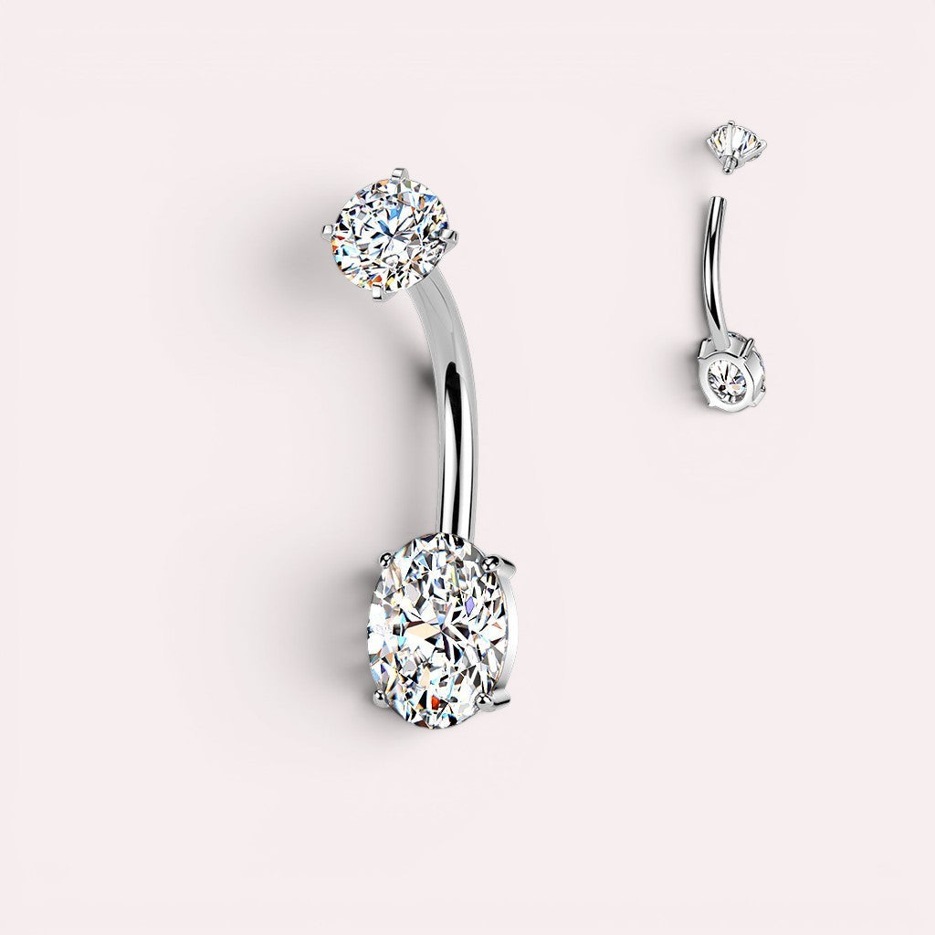 MKBodyJewelry silver-tone surgical stainless steel belly button ring with cubic zirconia gems, oval bottom gem