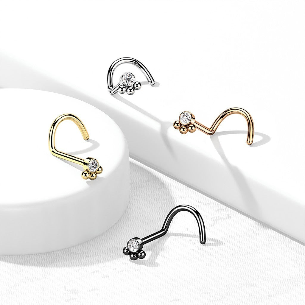 MKBodyJewelry 20G L-shape paw print nose studs in gold, silver, rose gold, and black stainless steel with crystals.