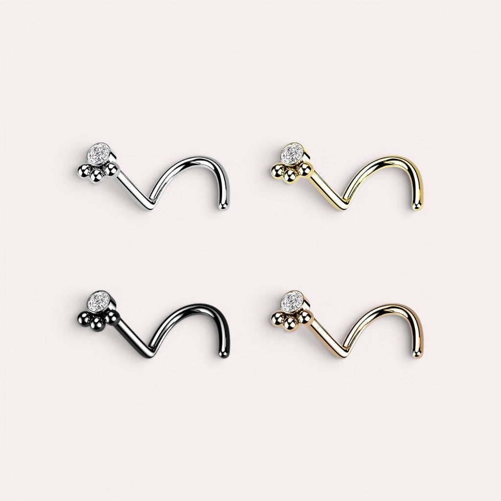 MKBodyJewelry 20G stainless steel L-shape nose studs with dainty paw print designs in silver, gold, black, and rose gold