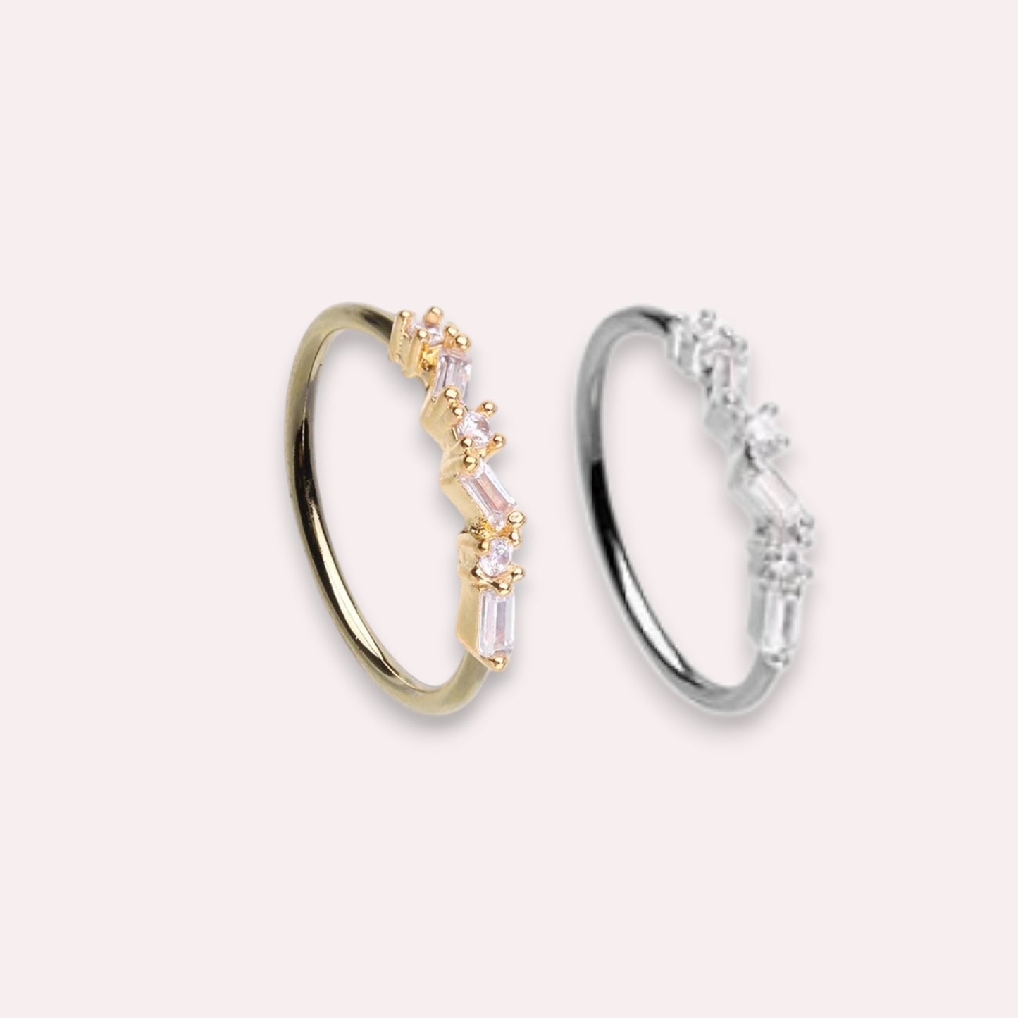 MKBodyJewelry 20g gold surgical steel nose hoop with pink baguette gems in a dainty zig zag design.