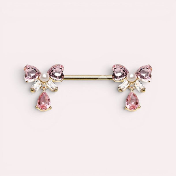 MKBodyJewelry dainty pink ribbon bow nipple ring with dangling pear-shaped gems and pearls. Surgical steel barbell.