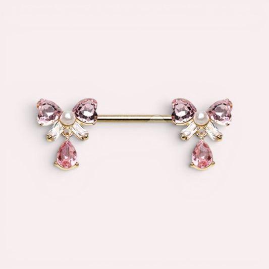 MKBodyJewelry dainty pink ribbon bow nipple ring with dangling pear-shaped gems and pearls. Surgical steel barbell.
