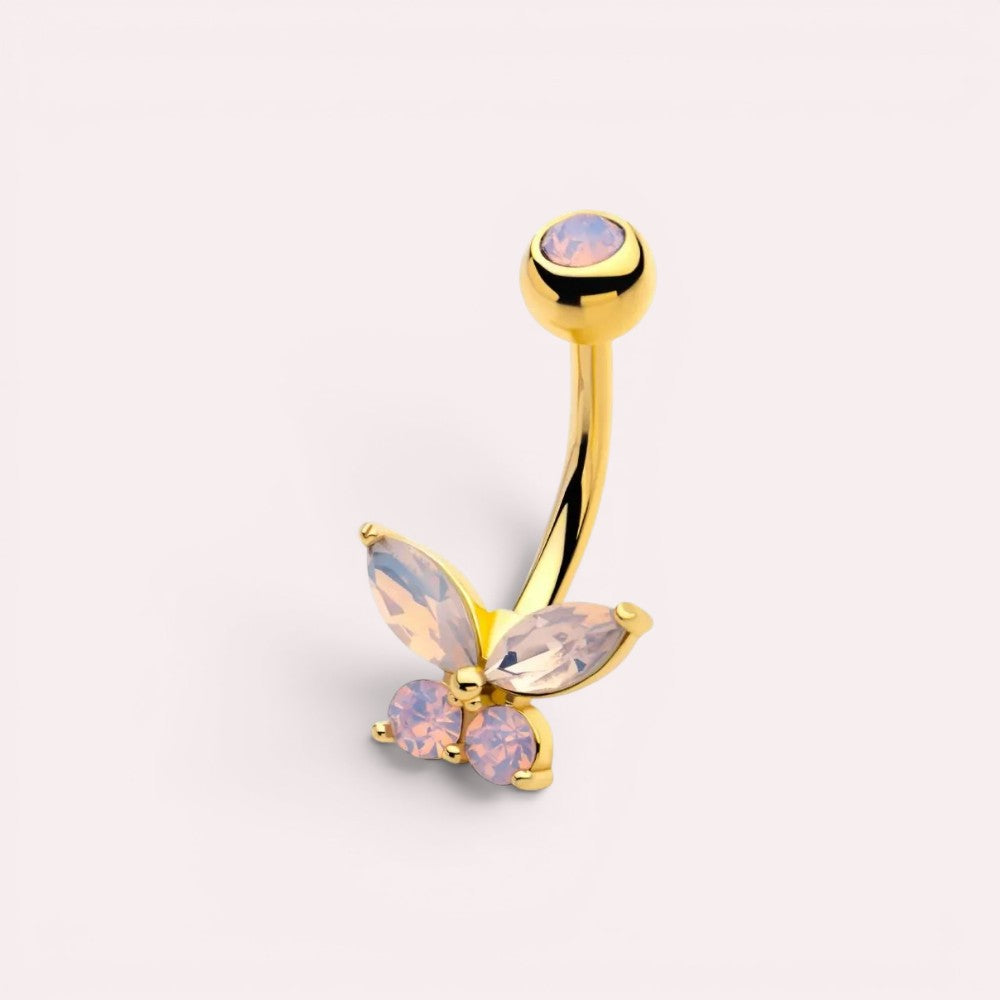 MKBodyJewelry 14g gold surgical steel navel ring featuring a dainty pink butterfly charm with sparkling CZ stones.
