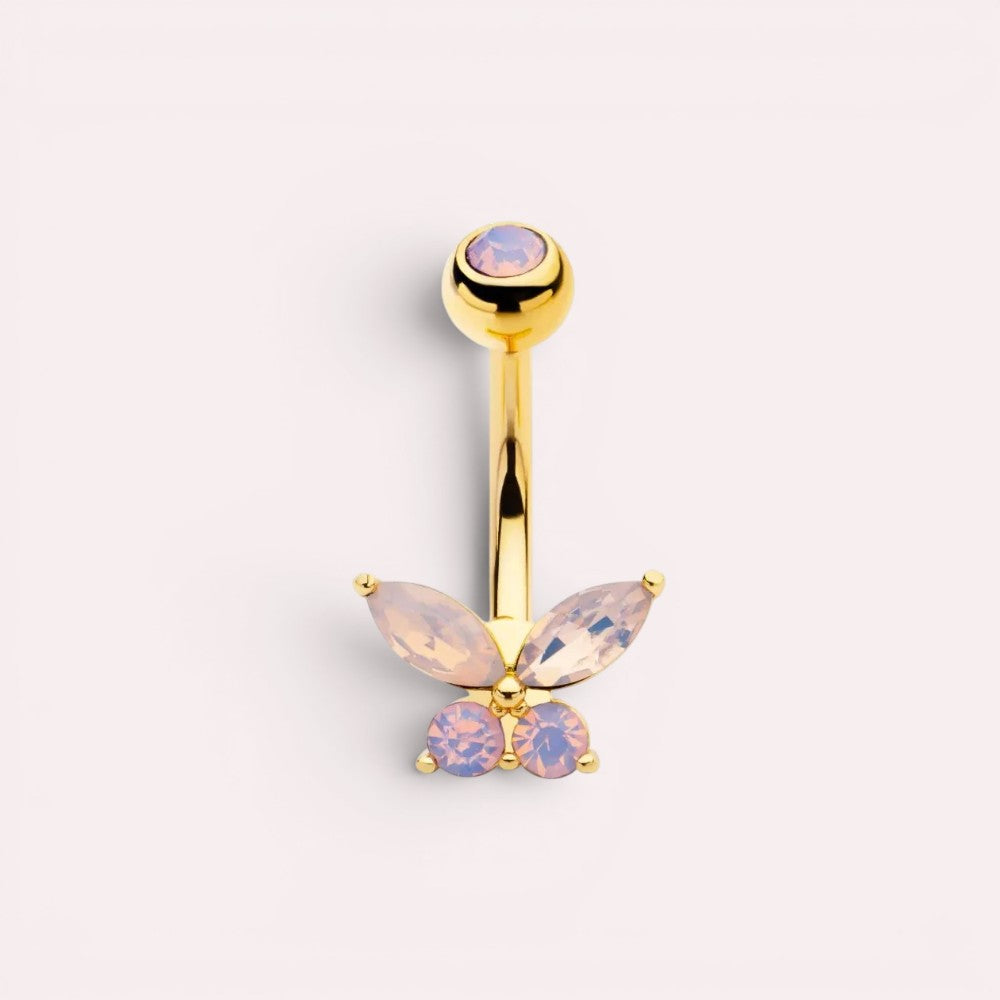 MKBodyJewelry 14g gold surgical steel belly button ring featuring a pink butterfly design with sparkling CZ stones.