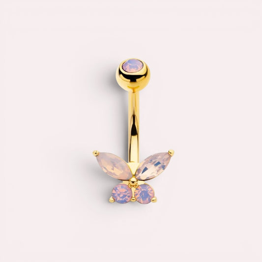 MKBodyJewelry 14g gold surgical steel belly button ring featuring a pink butterfly design with sparkling CZ stones.