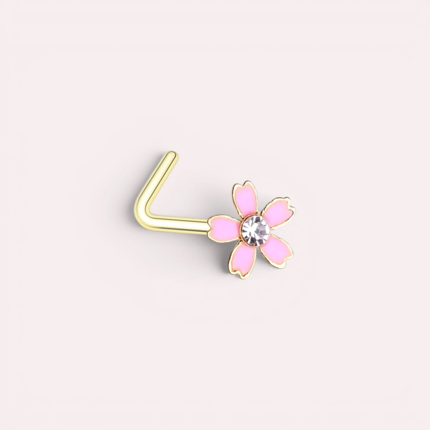 MKBodyJewelry dainty pink flower nose stud with a central crystal in surgical steel, L-bend style 20g piercing ring.