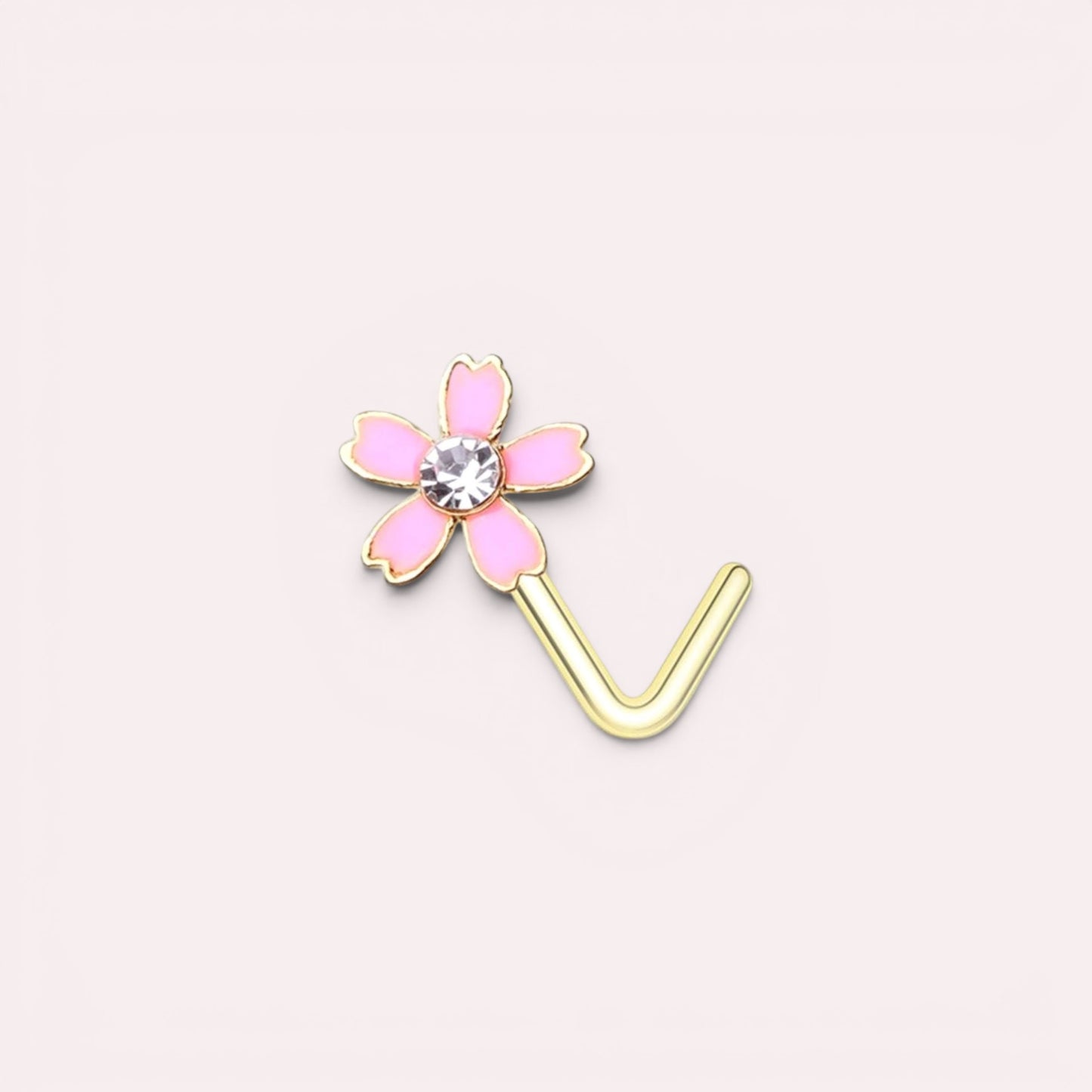 MKBodyJewelry 20g surgical steel L-bend nose stud featuring a dainty pink floral design with a central crystal stone.