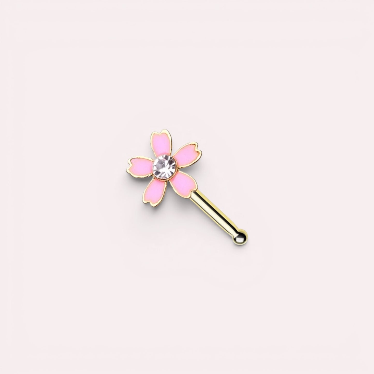 MKBodyJewelry 20G pink flower nose bone stud in surgical steel with a central clear crystal gem