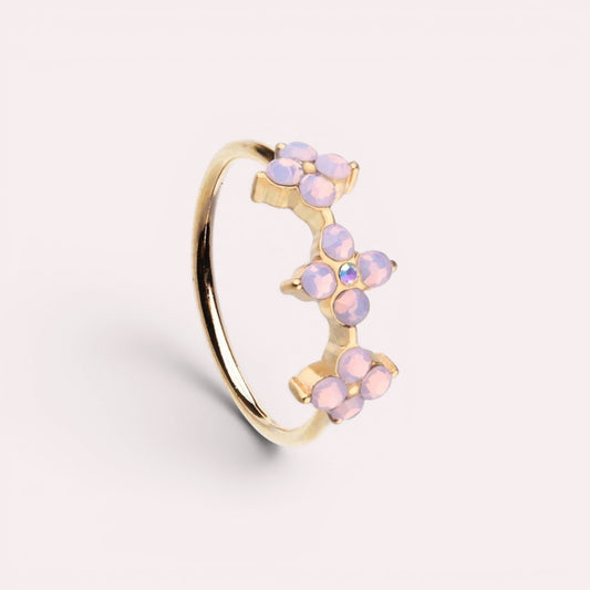 MKBodyJewelry 20g gold surgical steel nose hoop featuring three pink opal flower charms for nose or cartilage piercing