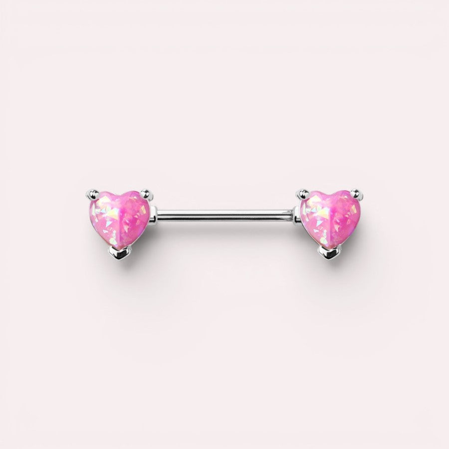 MKBodyJewelry 14g surgical steel nipple barbell pair featuring pink opal heart-shaped decorative ends.