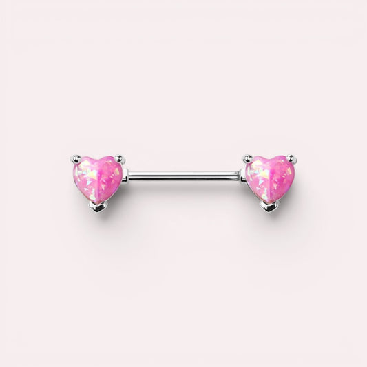MKBodyJewelry 14g surgical steel nipple barbell pair featuring pink opal heart-shaped decorative ends.