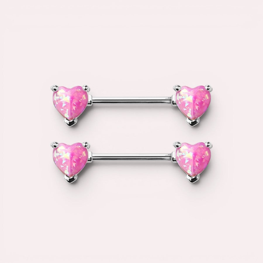 MKBodyJewelry 14g surgical steel nipple barbell with pink opal heart ends