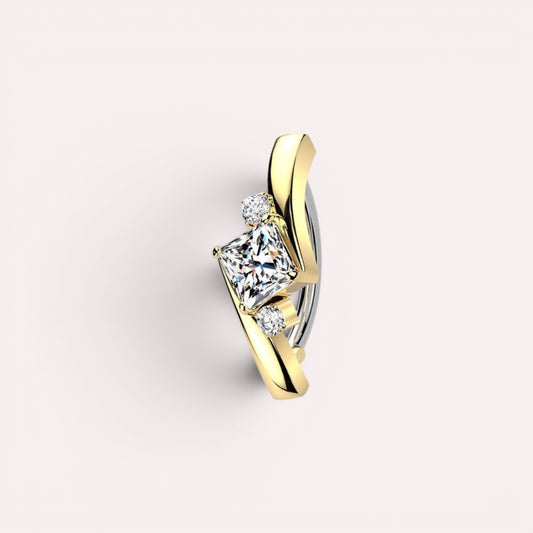 MKBodyJewelry Princess Cut Gemstone Ear Cuff with yellow gold and sterling silver finish, featuring a central princess-cut stone flanked by smaller stones.