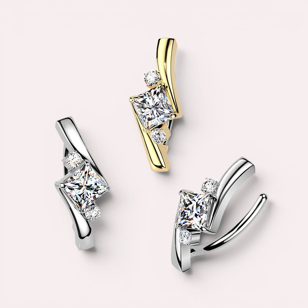 MKBodyJewelry Princess Cut Gemstone Ear Cuff in yellow gold and sterling silver with clear cubic zirconia.